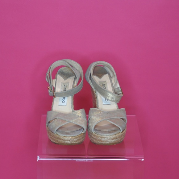 Jimmy Choo Phoenix Gold Platform Wedge ➡️ FLAWS ⬅️ - Picture 2 of 14